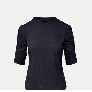 Veronica Beard Waldorf Ruched-Sleeve Slub T-Shirt Navy SMALL